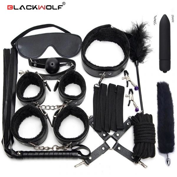 Sexy Leather BDSM Kits Plush Sex Bondage Set Handcuffs Sex Games Whip Gag Nipple Clamps Sex Toys For Couples Exotic Accessories